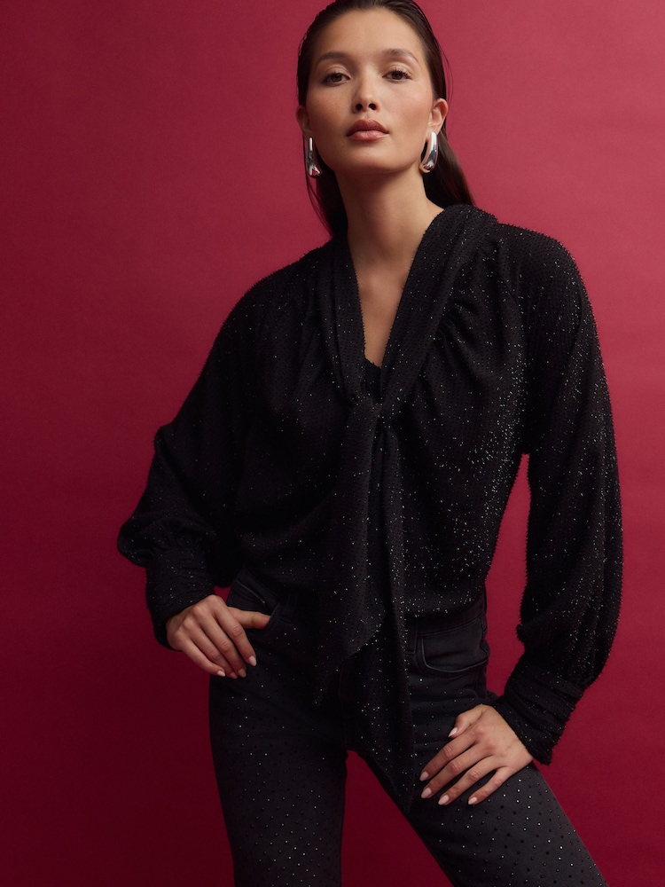 Black Textured Sparkle Long Sleeve Tie Neck Blouse - Image 2 of 5