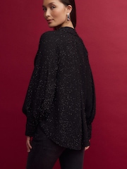Black Textured Sparkle Long Sleeve Tie Neck Blouse - Image 5 of 5