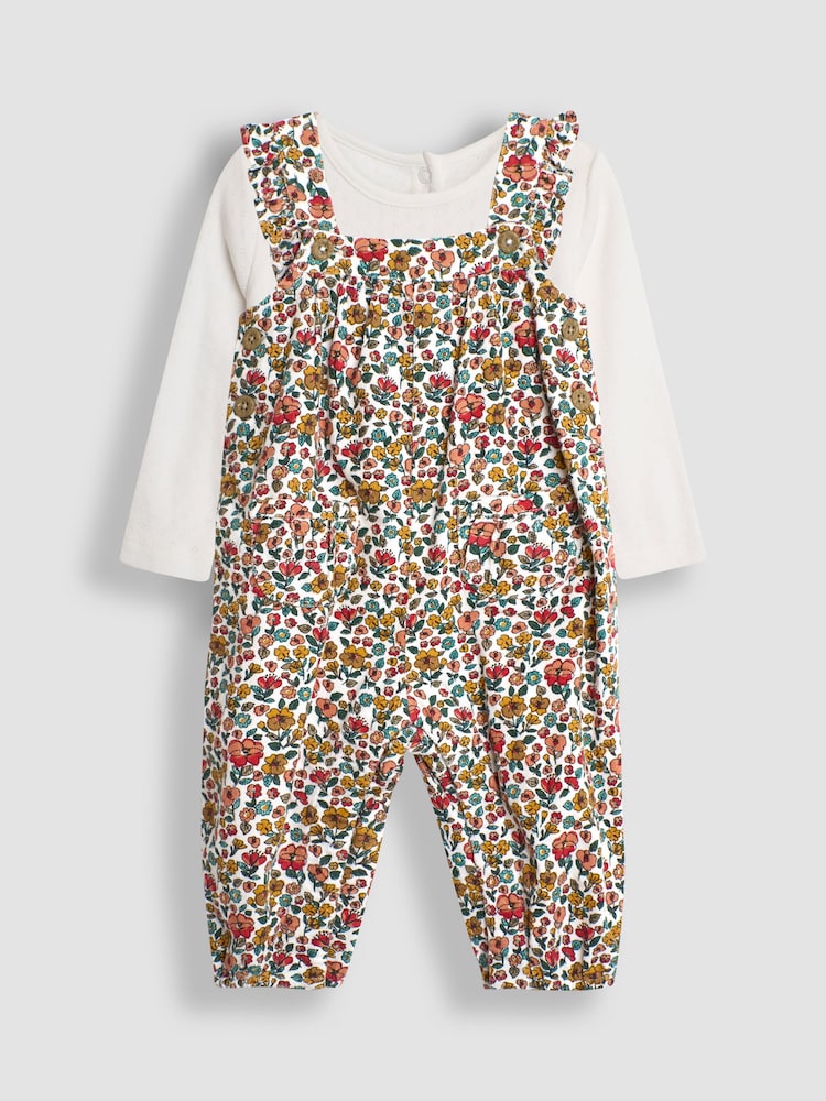 JoJo Maman Bébé Mustard Yellow Autumn Floral Cord Dungarees & Top Set - Image 1 of 6