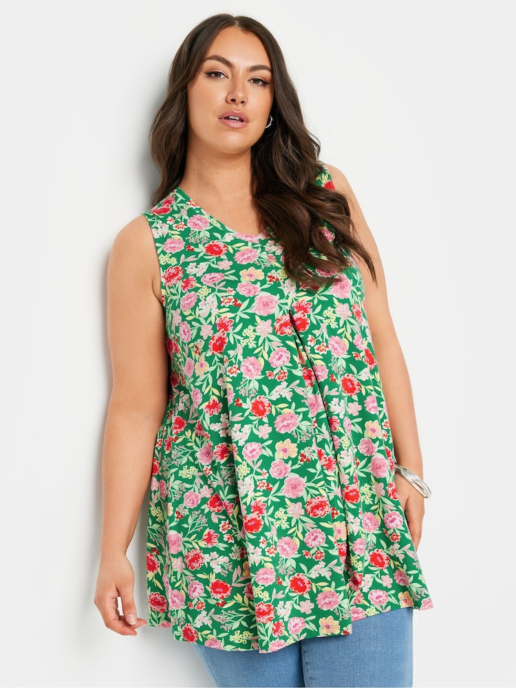 Yours Curve Green Abstract Floral Print Swing Vest Top - Image 1 of 5