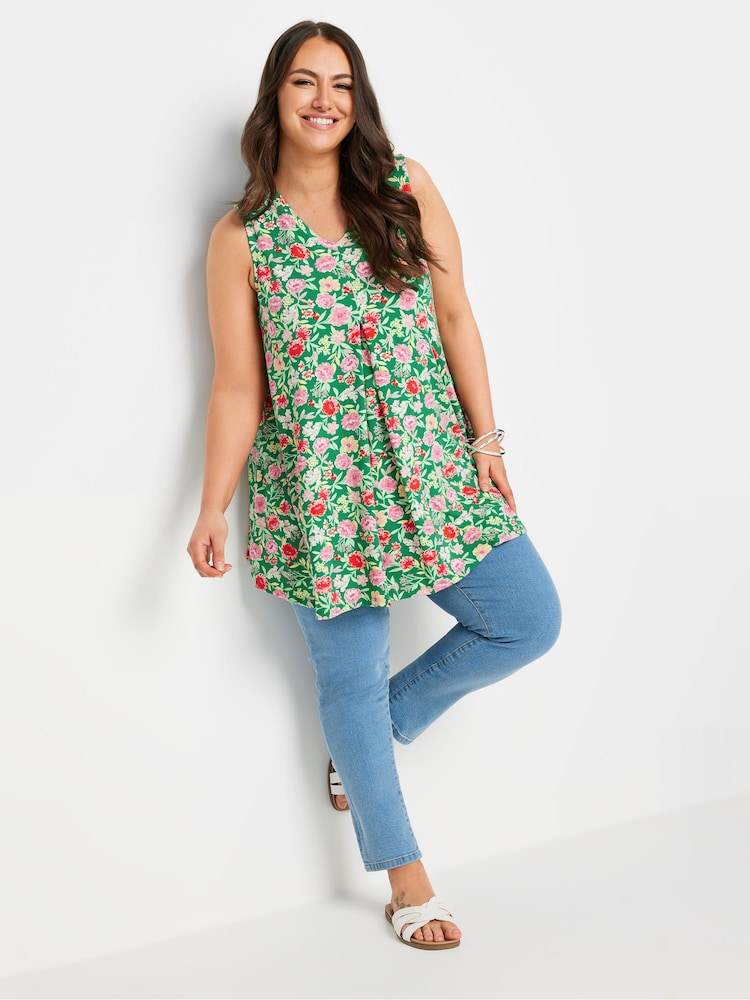 Yours Curve Green Abstract Floral Print Swing Vest Top - Image 2 of 5