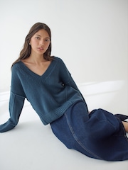 Dark Blue Seam Detail V-Neck Knitted Jumper - Image 1 of 7