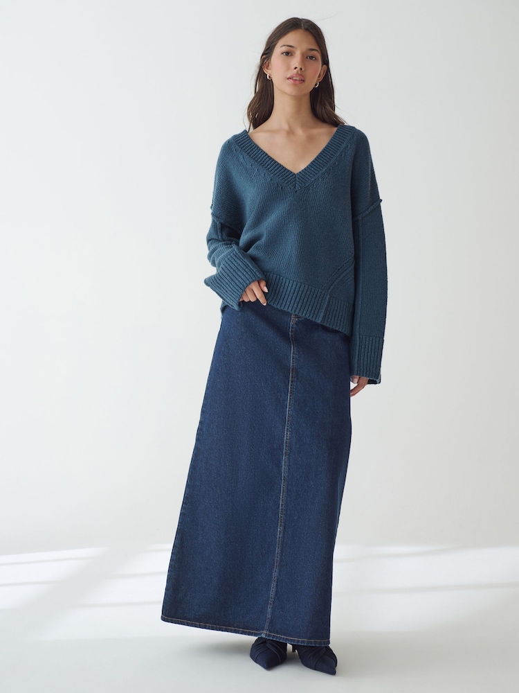 Dunkelblau - Seam Detail V-Neck Knitted Jumper - Bild 2 von 7 Dunkelblau - Seam Detail V-Neck Knitted Jumper - Bild 2 von 7
