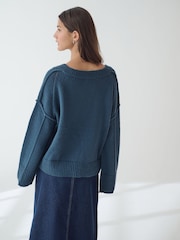 Dark Blue Seam Detail V-Neck Knitted Jumper - Image 3 of 7
