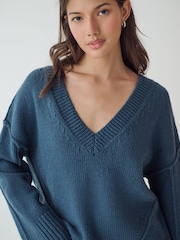 Dark Blue Seam Detail V-Neck Knitted Jumper - Image 4 of 7
