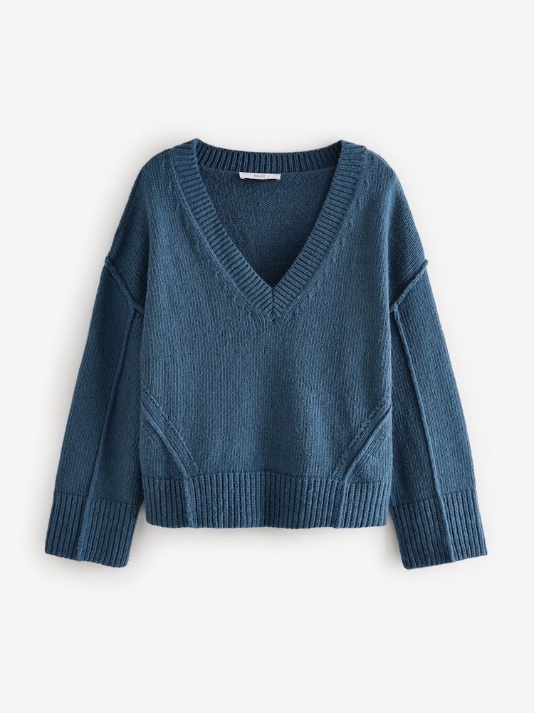 Dark Blue Seam Detail V-Neck Knitted Jumper - Image 5 of 7