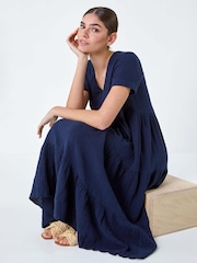 Roman Blue 100% Cotton Waffle Tiered Midi Dress - Image 1 of 5