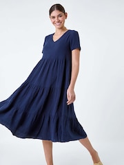 Roman Blue 100% Cotton Waffle Tiered Midi Dress - Image 2 of 5