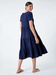 Roman Blue 100% Cotton Waffle Tiered Midi Dress - Image 3 of 5