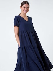 Roman Blue 100% Cotton Waffle Tiered Midi Dress - Image 4 of 5