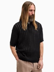 AllSaints Black Miller Short Sleeve Polo Shirt - Image 1 of 7