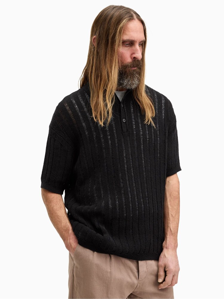 AllSaints Black Miller Short Sleeve Polo Shirt - Image 1 of 7