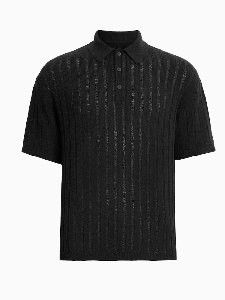 AllSaints Black Miller Short Sleeve Polo Shirt - Image 7 of 7