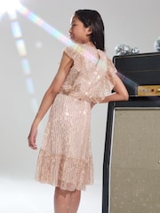 Lipsy Rose Gold Printed Sequin Ruffle Dress (2-16yrs) - Image 4 of 4