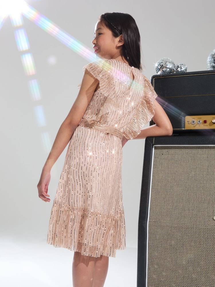 Lipsy Rose Gold Printed Sequin Ruffle Dress (2-16yrs) - Image 4 of 4