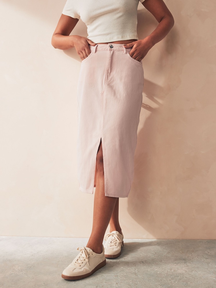 ONLY Pink Petite Denim Midi Skirt With Front Split - Image 1 of 6
