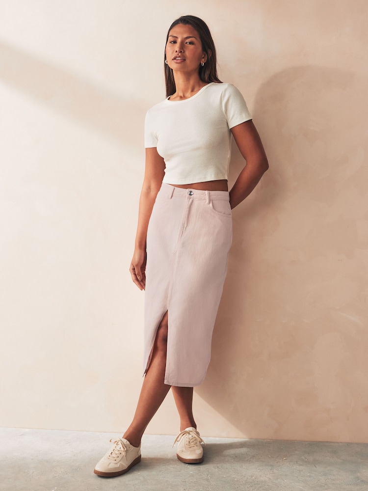 ONLY Pink Petite Denim Midi Skirt With Front Split - Image 2 of 6