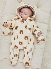 JoJo Maman Bébé Cream Bear Print Cosy Pramsuit - Image 1 of 3