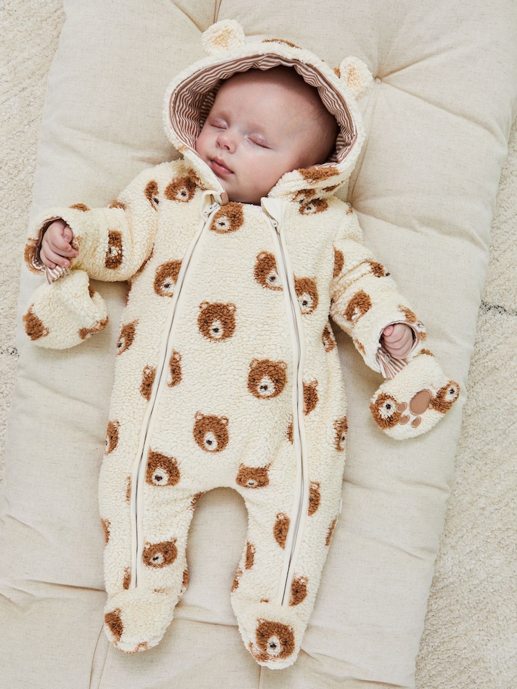 JoJo Maman Bébé Cream Bear Print Cosy Pramsuit - Image 1 of 3