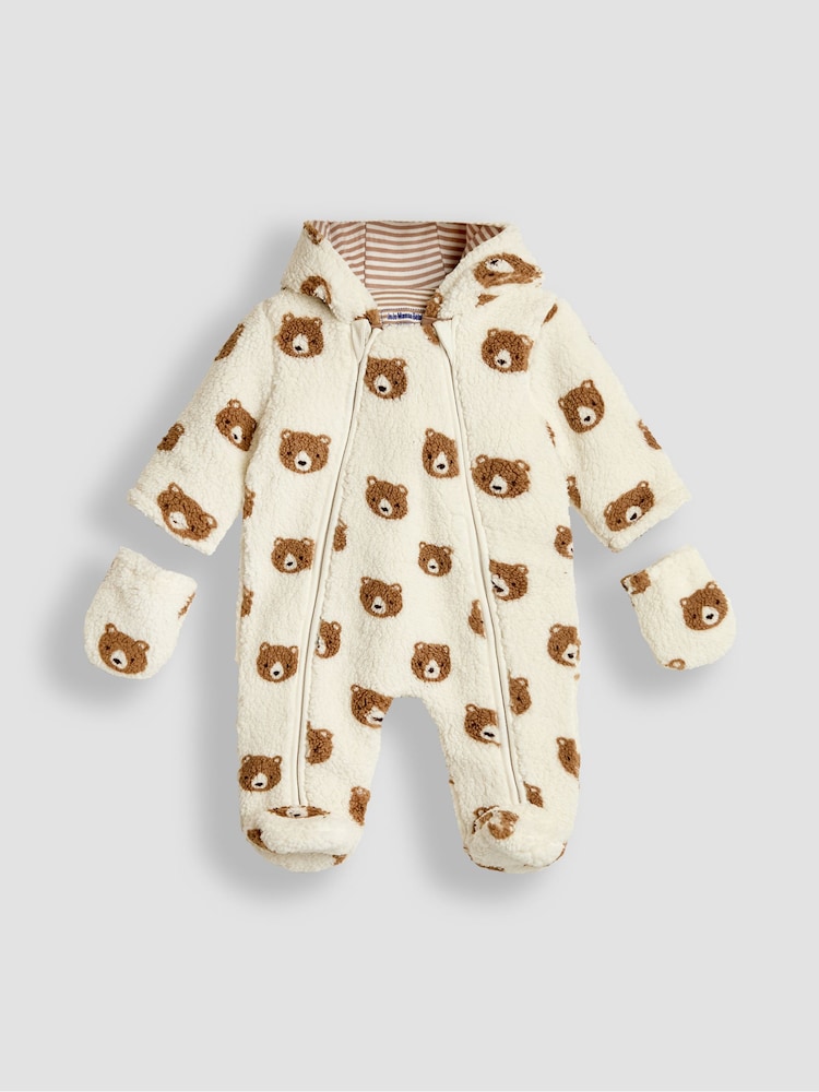 JoJo Maman Bébé Cream Bear Print Cosy Pramsuit - Image 5 of 5