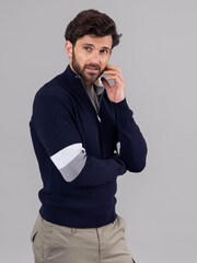 Lakeland Leather Blue Clothing Winston Quarter Zip Striped Jumper - Image 3 of 9