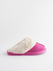 Pink Suede Faux Fur Lined Mule Slippers - Image 2 of 5