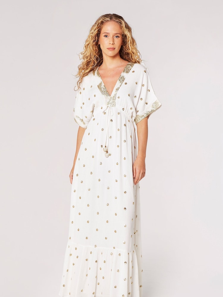 Apricot Cream Sequin Spot Kaftan Maxi Dress - Image 1 of 4