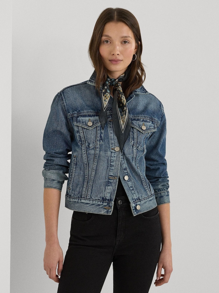 Lauren Ralph Lauren Blue Mid Wash Paizley Trucker Denim Jacket - Image 1 of 9