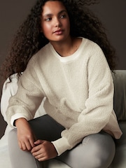 Ecru Print Relaxed Fit Teddy Borg Fleece Cord Back Longline Crew Neck Sweatshirt - Image 1 of 8