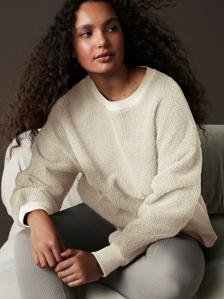 Ecru Print Relaxed Fit Teddy Borg Fleece Cord Back Longline Crew Neck Sweatshirt - Image 1 of 8