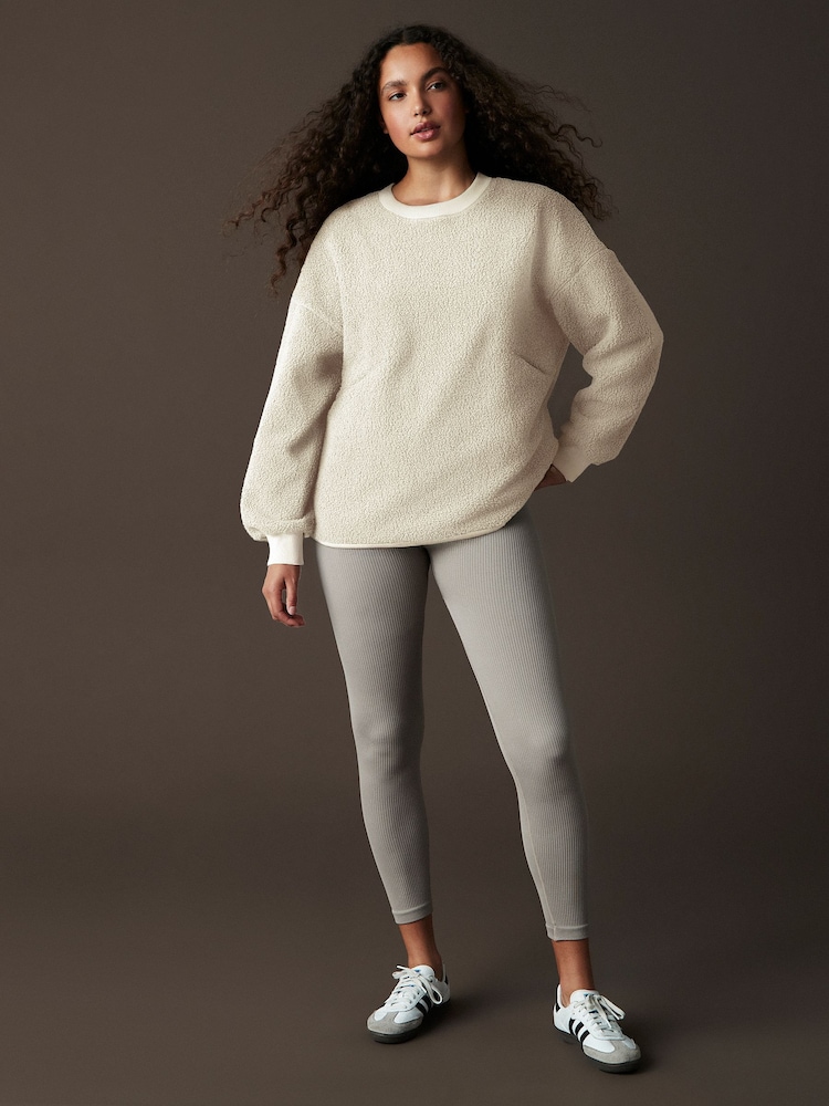 Ecru Print Relaxed Fit Teddy Borg Fleece Cord Back Longline Crew Neck Sweatshirt - Image 2 of 8