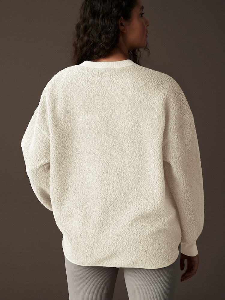 Ecru Print Relaxed Fit Teddy Borg Fleece Cord Back Longline Crew Neck Sweatshirt - Image 3 of 8