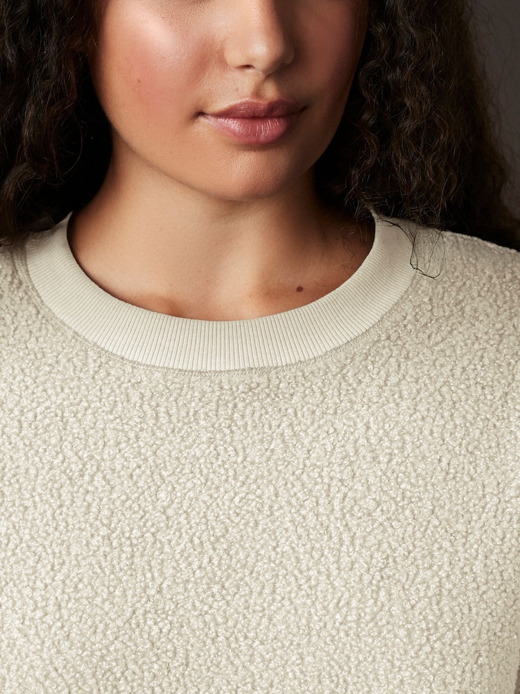 Ecru Print Relaxed Fit Teddy Borg Fleece Cord Back Longline Crew Neck Sweatshirt - Image 4 of 8