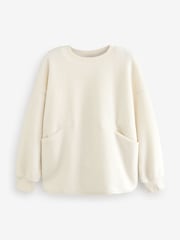 Ecru Print Relaxed Fit Teddy Borg Fleece Cord Back Longline Crew Neck Sweatshirt - Image 6 of 8