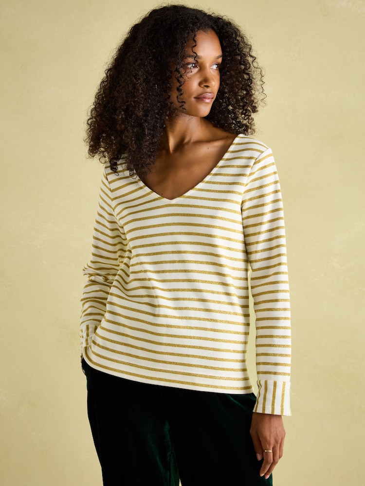 Joules Harbour Cream/Gold V-Neck Jersey Top - Image 1 of 6