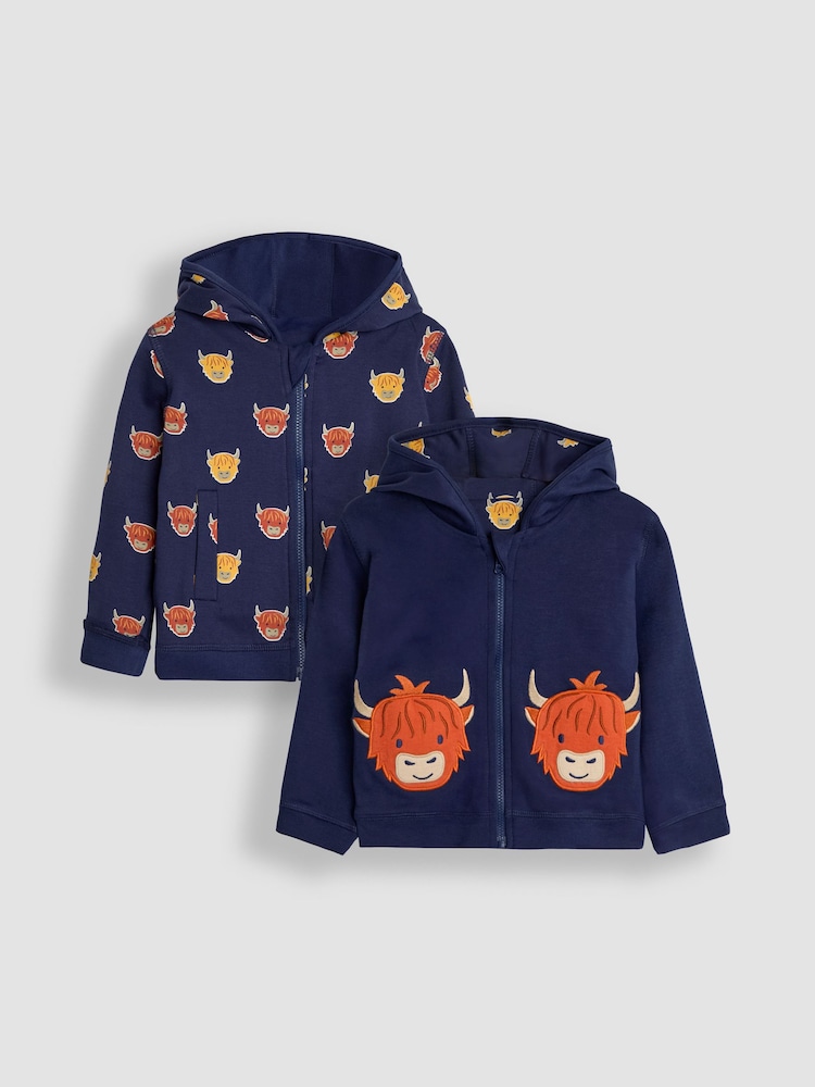 JoJo Maman Bébé Navy Blue & Orange Highland Cow Appliqué Reversible Hoodie - Image 1 of 8