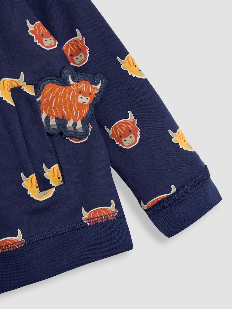JoJo Maman Bébé Navy Blue & Orange Highland Cow Appliqué Reversible Hoodie - Image 8 of 8