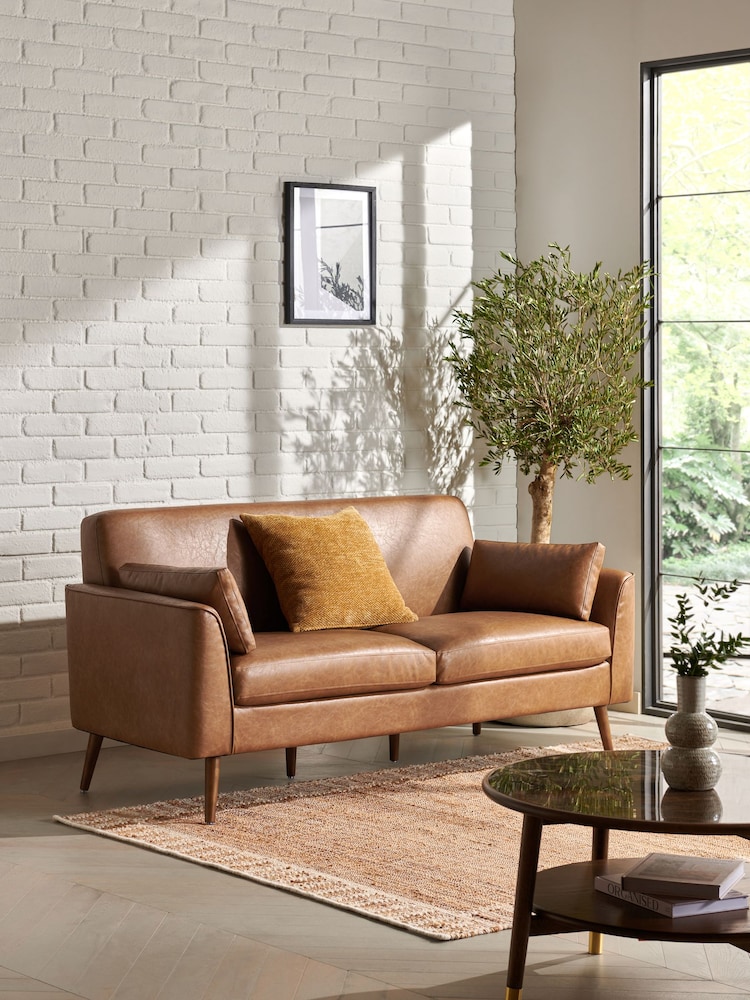 Vintaged Faux Leather Light Brown Mila 3 Seater Small Sofa - Image 1 of 9