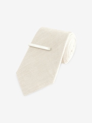 Neutral Brown Silk/Linen Blend Herringbone Tie And Mother Of Pearl Tie Clip - Image 1 of 3