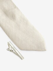 Neutral Brown Silk/Linen Blend Herringbone Tie And Mother Of Pearl Tie Clip - Image 2 of 3