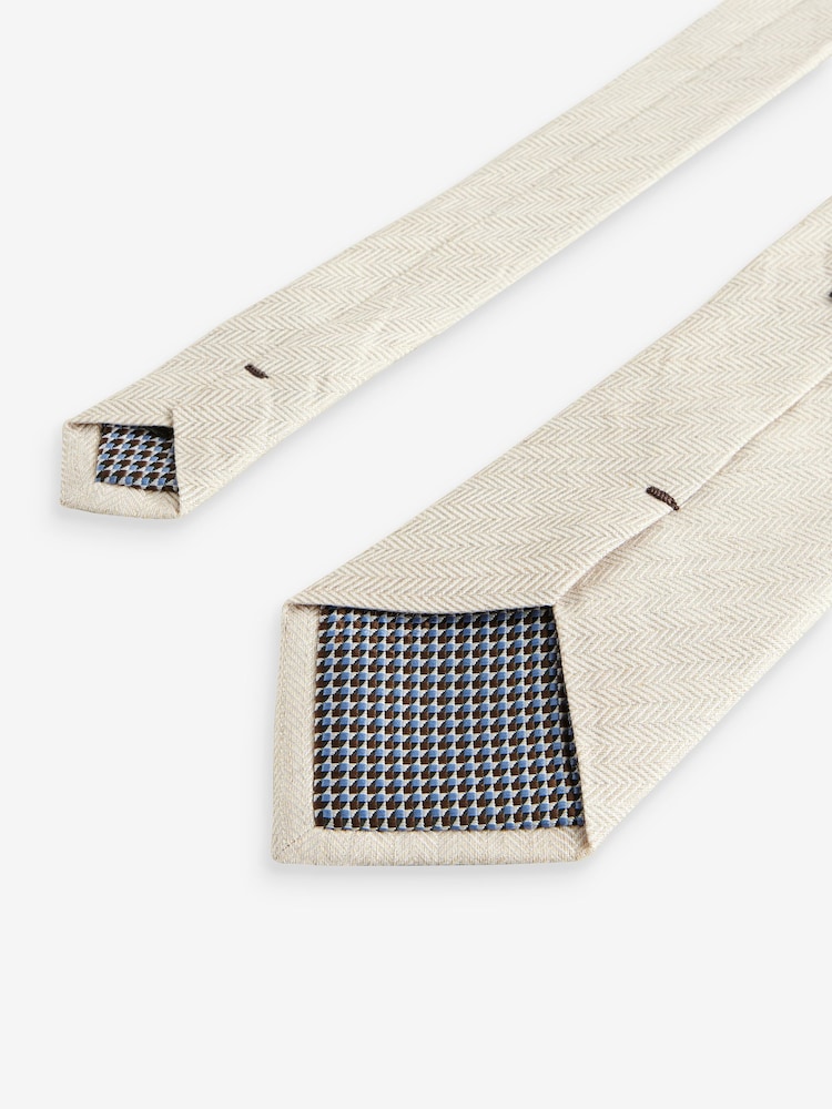 Neutral Brown Silk/Linen Blend Herringbone Tie And Mother Of Pearl Tie Clip - Image 3 of 3