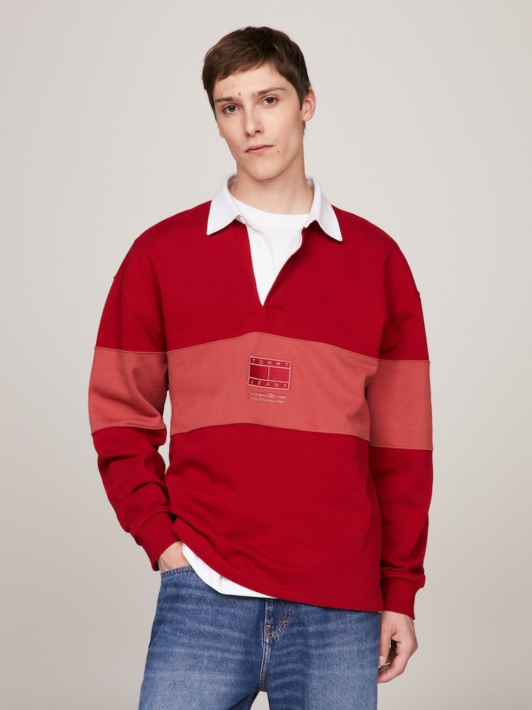 Tommy Jeans Red Tonal Flag Rugby Shirt - Image 1 of 8