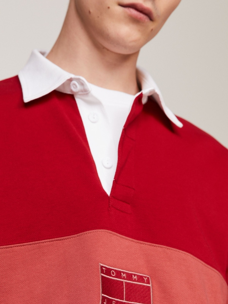 Tommy Jeans Red Tonal Flag Rugby Shirt - Image 4 of 8