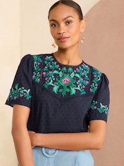 Love & Roses Navy Blue Embroidered Yoke Puff Sleeve Blouse - Image 1 of 4