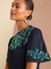 Love & Roses Navy Blue Embroidered Yoke Puff Sleeve Blouse - Image 2 of 4