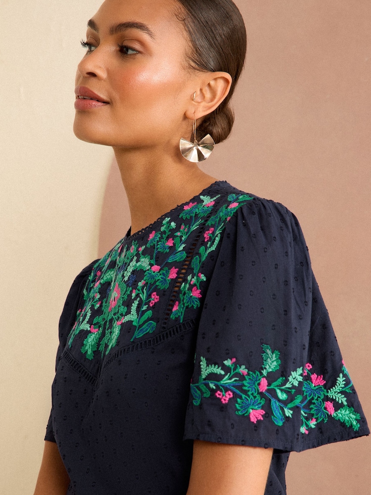 Love & Roses Navy Blue Embroidered Yoke Puff Sleeve Blouse - Image 2 of 4