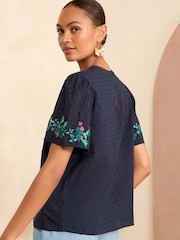 Love & Roses Navy Blue Embroidered Yoke Puff Sleeve Blouse - Image 4 of 4