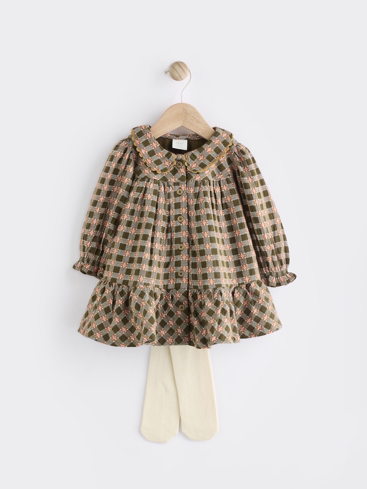Zelena karirasta - dojenček Woven obleka with hlačne nogavice (0mths-2yrs) - Slika 1 iz 9