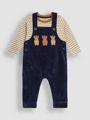 JoJo Maman Bébé Navy Blue Highland Cow Appliqué Velour Dungarees And Top Set - Image 1 of 6