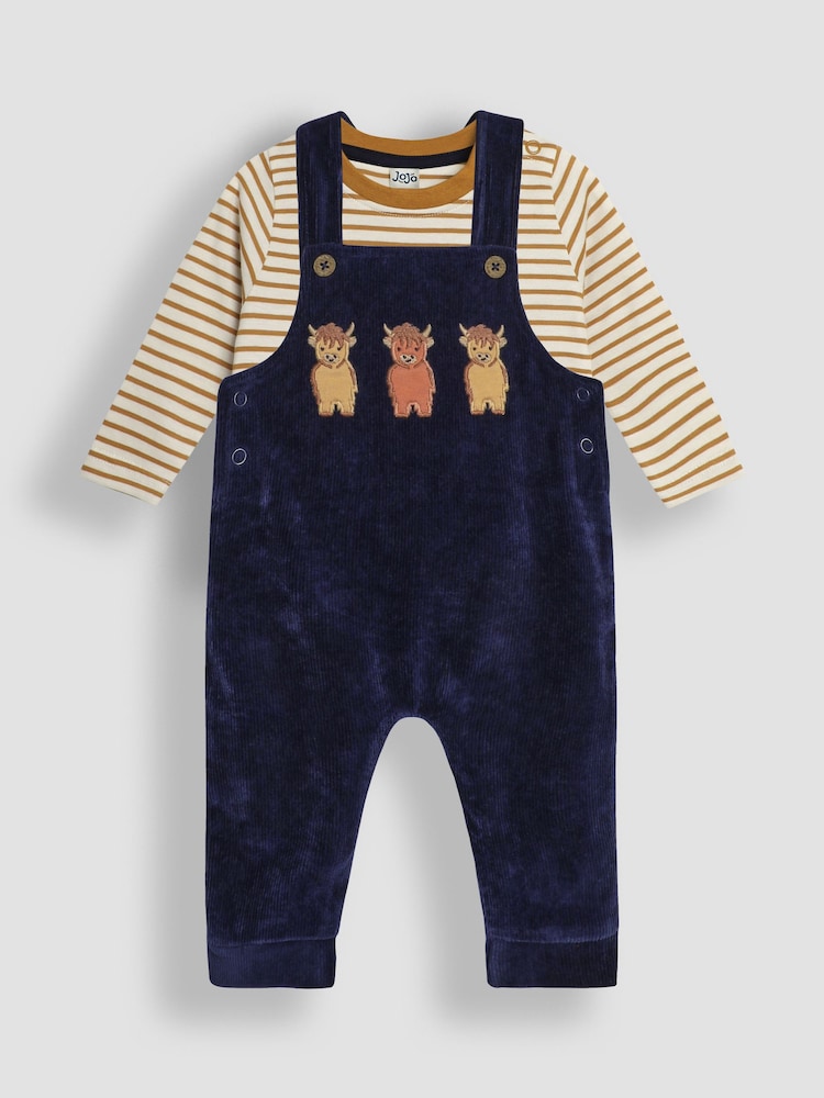 JoJo Maman Bébé Navy Blue Highland Cow Appliqué Velour Dungarees And Top Set - Image 1 of 6